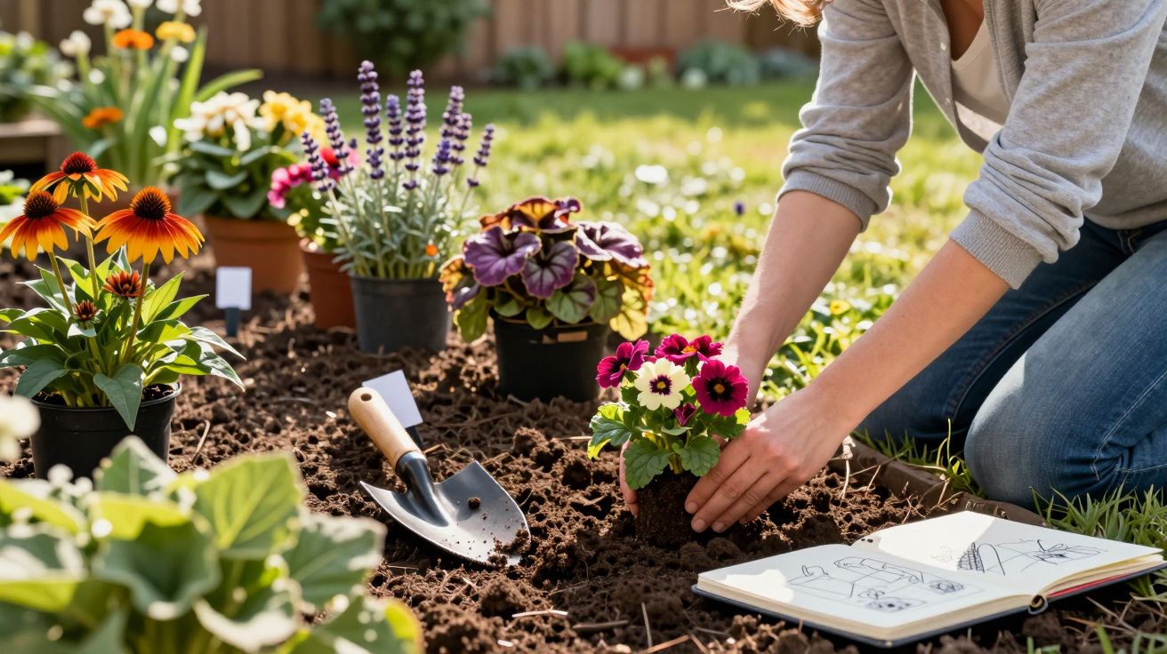 Pessoa a plantar flores num jardim com várias flores em vasos e um caderno aberto ao lado.