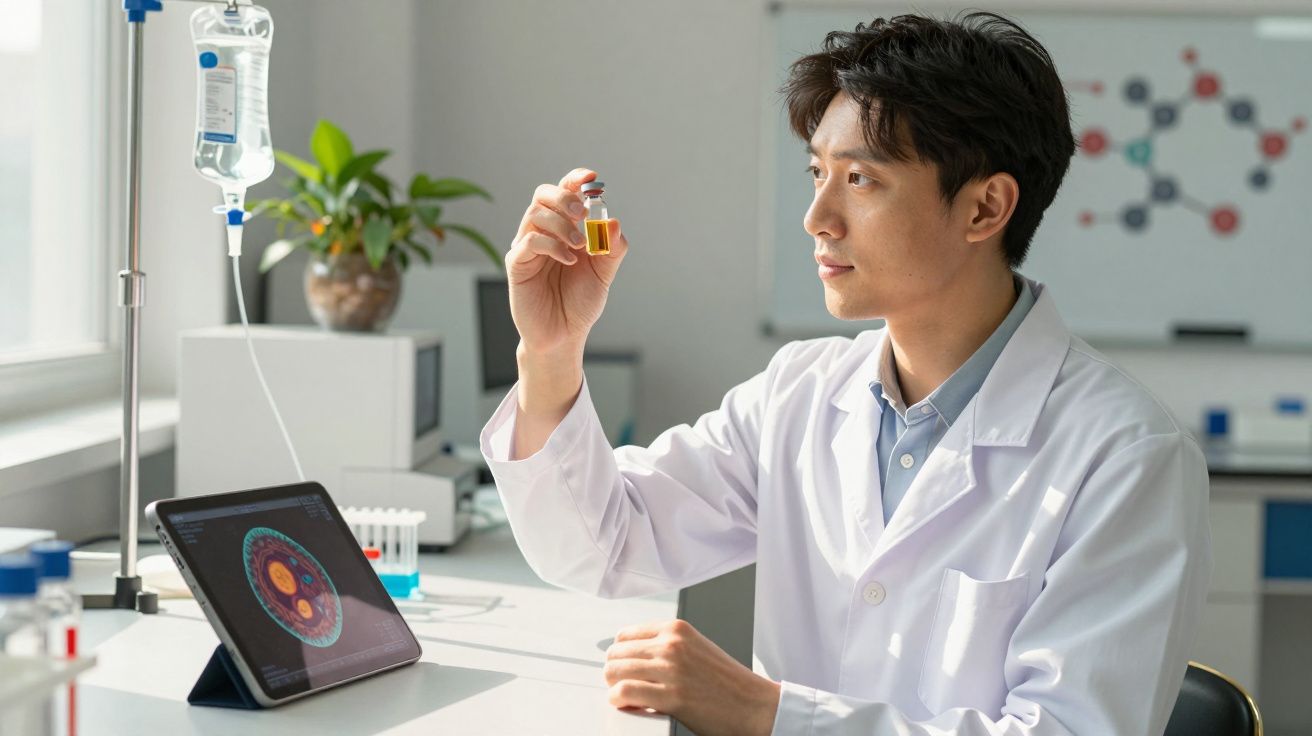 Cientista asiático em bata branca analisa amostra líquida num frasco num laboratório moderno com tablet e equipamento médico.