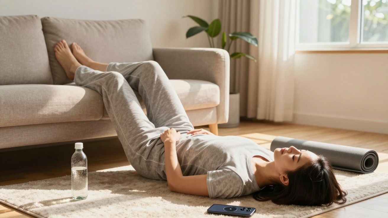 Mulher deitada no chão a descansar com as pernas apoiadas no sofá numa sala iluminada e sossegada.