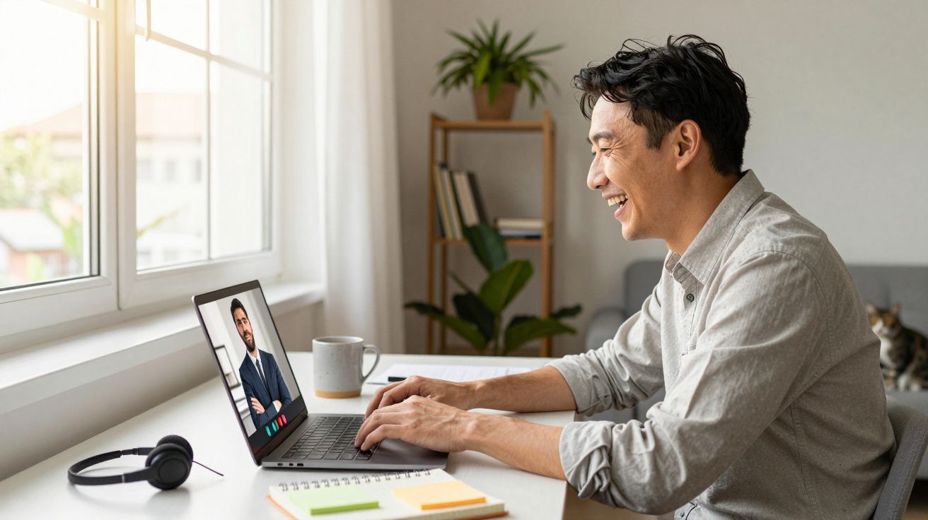 Homem sorridente a fazer videochamada num portátil numa mesa com caderno, caneca e auscultadores junto a uma janela.