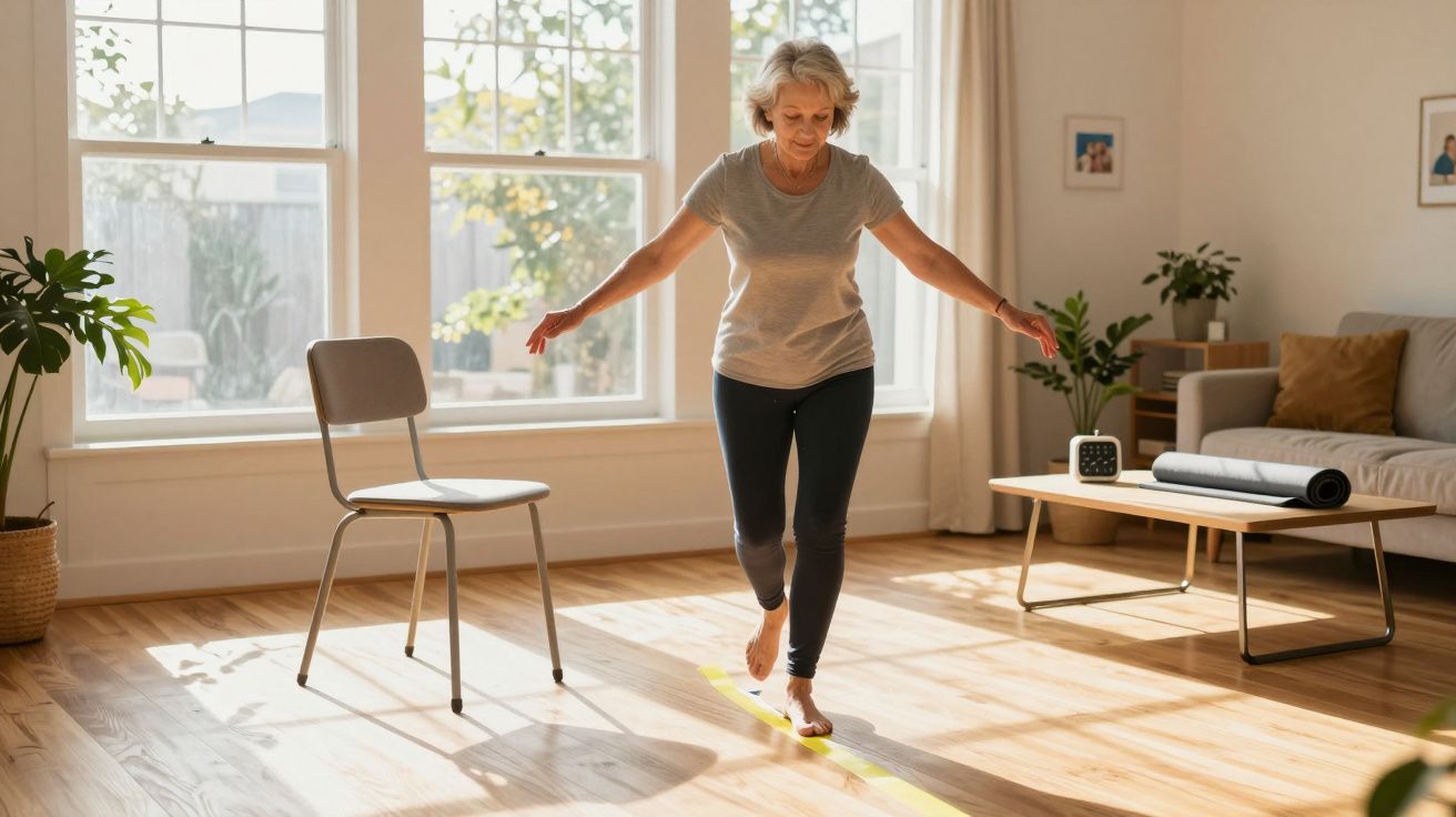 Mulher sénior a fazer exercício de equilíbrio em casa, com cadeira e fita no chão à sua frente.