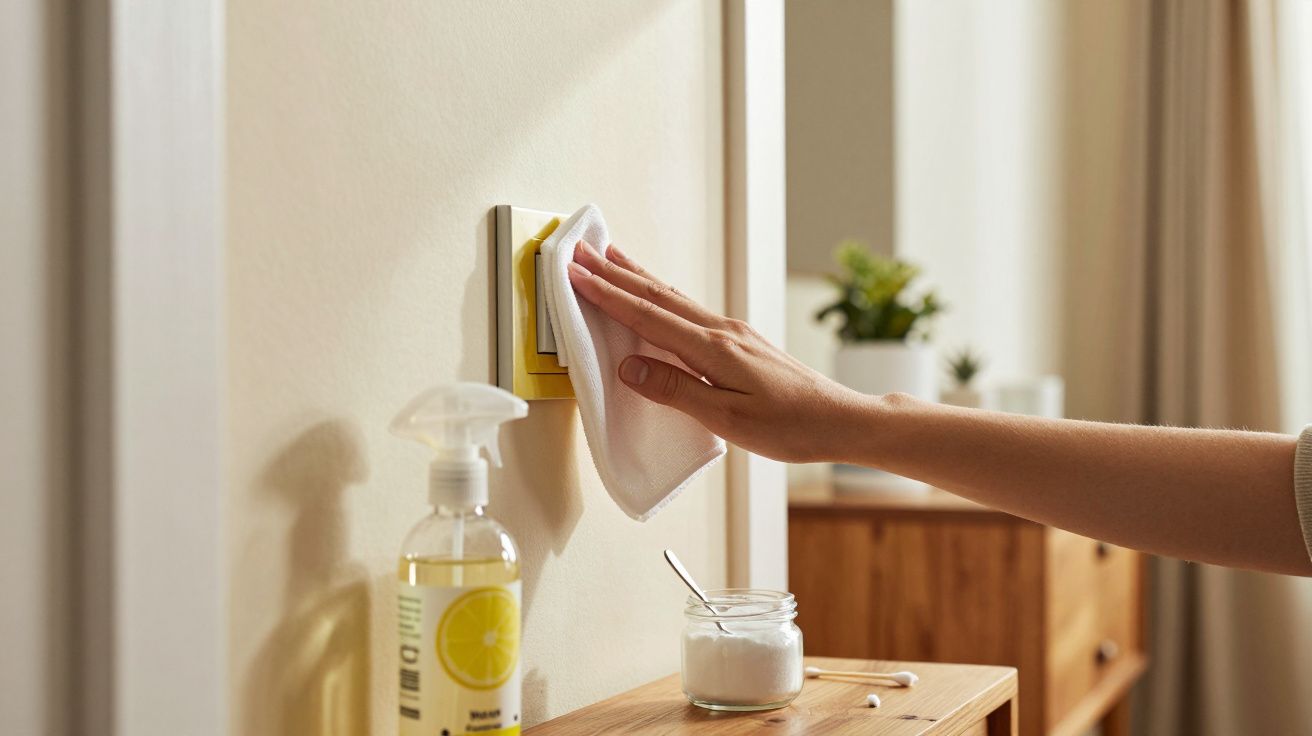 Pessoa a limpar um interruptor de luz com um pano, próximo de produtos de limpeza numa mesa de madeira.