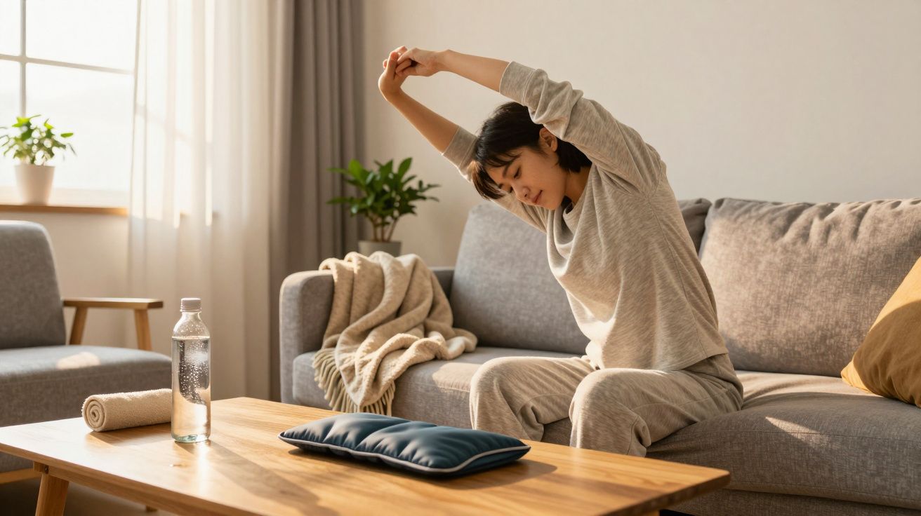Mulher sentada no sofá a fazer alongamentos com uma garrafa de água e toalha numa mesa à frente.