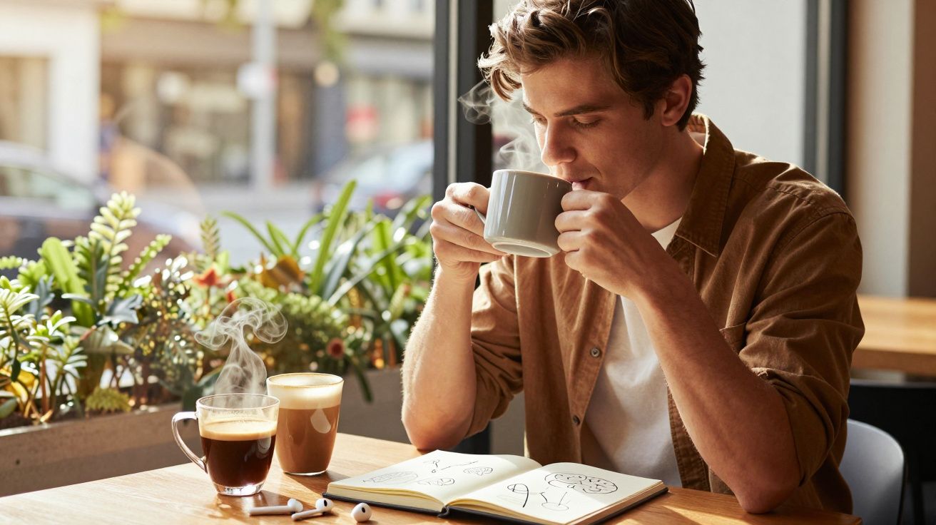 Jovem sentado numa cafeteria, a beber café e a olhar para um caderno com desenhos à sua frente.