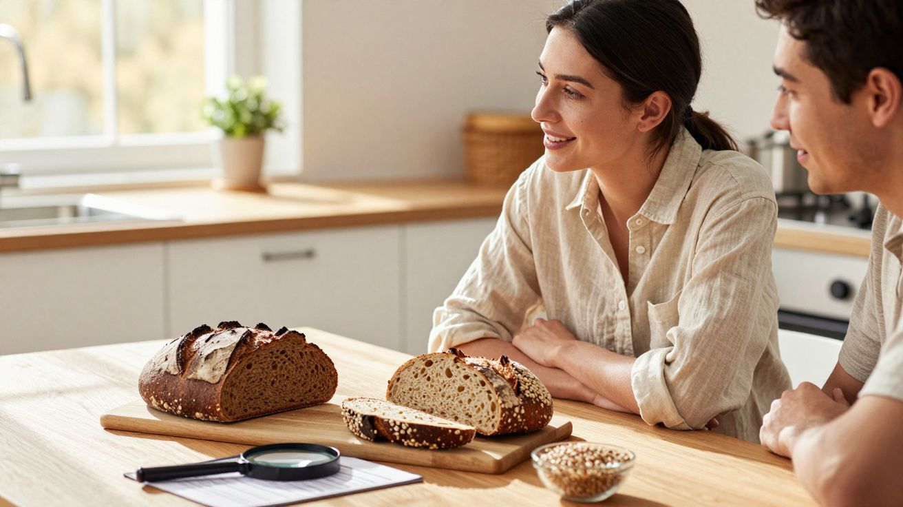 Casal sorridente examinando diferentes tipos de pão numa cozinha luminosa, sobre a mesa de madeira.
