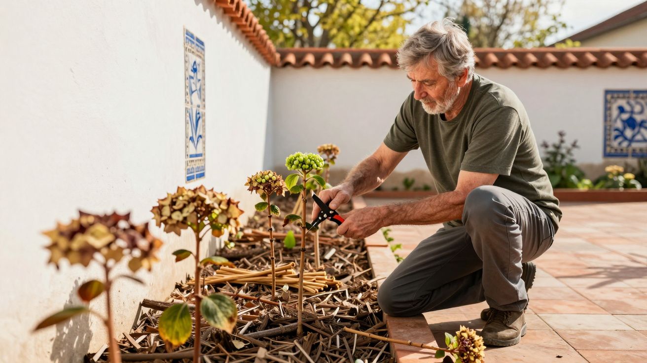 Homem adulto a podar plantas num jardim exterior junto a uma parede branca com azulejos decorativos.