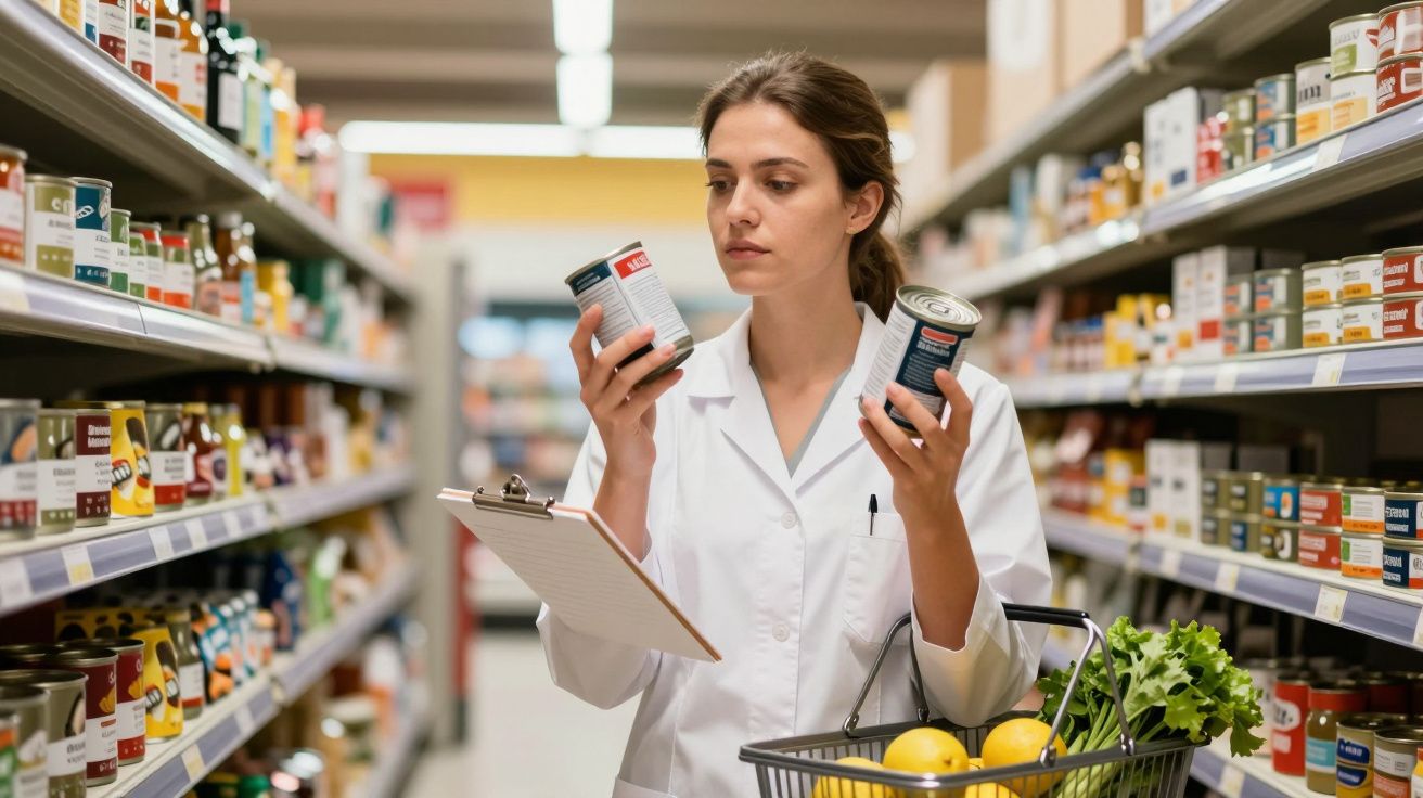 Mulher em bata branca compara latas en prateleira de supermercado segurando uma cesta de compras.