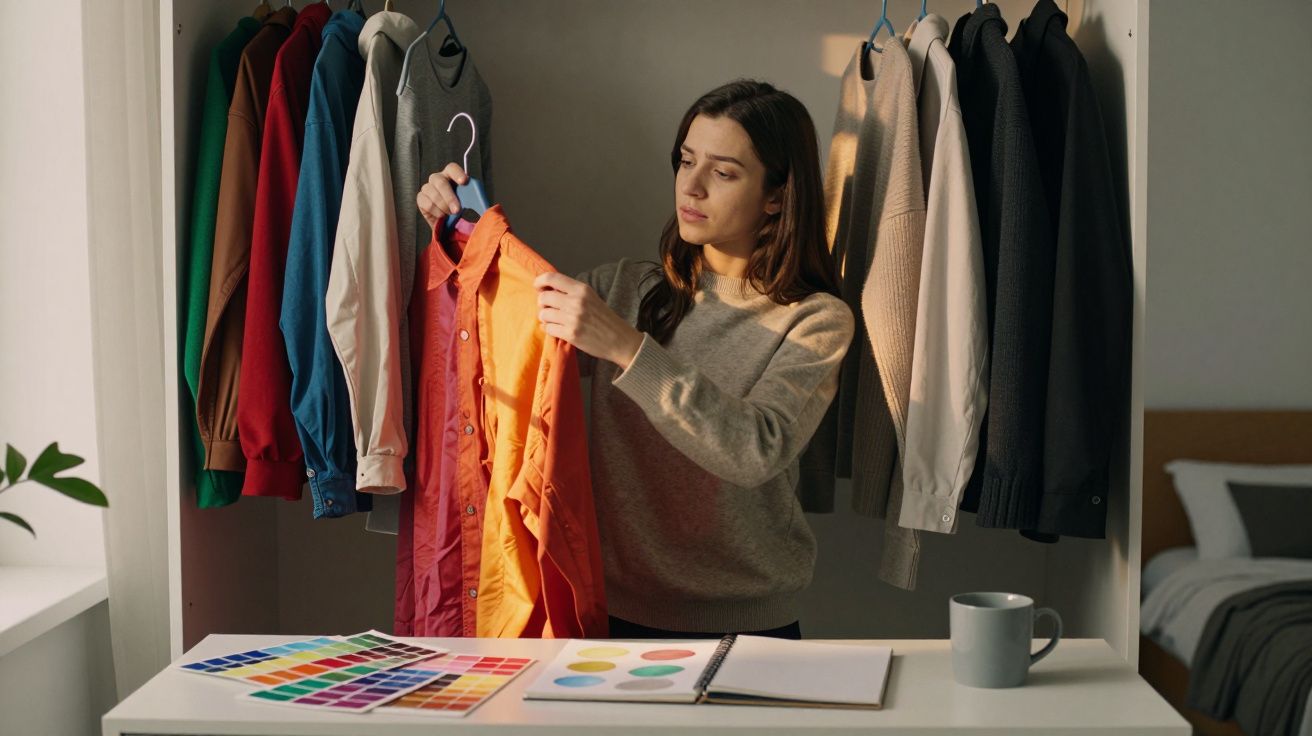 Mulher a escolher camisa laranja em armário aberto com várias roupas, junto a mesa com amostras de cores.