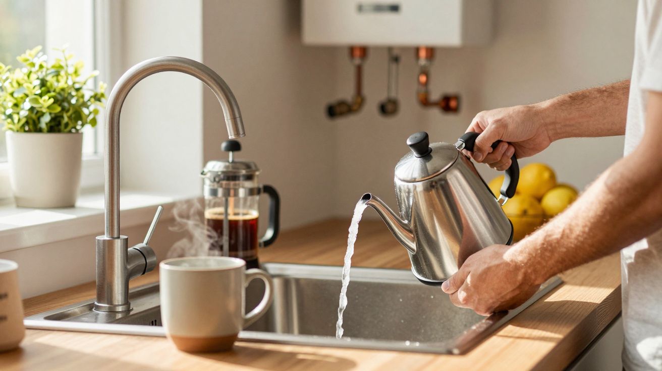 Pessoa a despejar água quente de um bule metálico numa pia de cozinha luminosa com café e plantas.