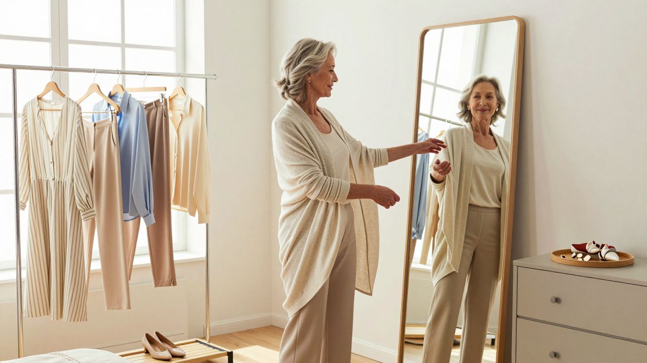Mulher sénior a experimentar roupa branca e bege em frente a um espelho num quarto iluminado.