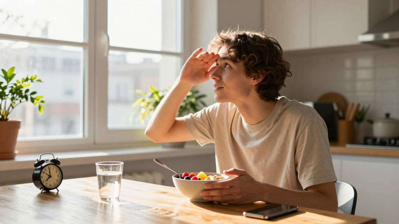 Jovem a tomar pequeno-almoço com taça de fruta, olhando pela janela numa cozinha luminosa.