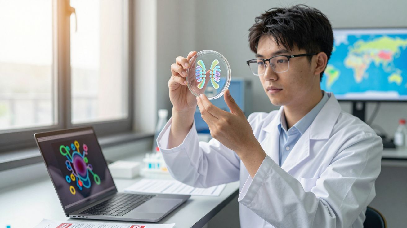 Cientista asiático com bata branca analisa lâmina com padrão colorido em laboratório moderno.