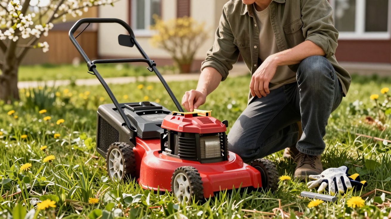 Homem ajusta corta-relva vermelho num jardim com flores amarelas e relva alta, ao lado umas luvas de jardinagem.