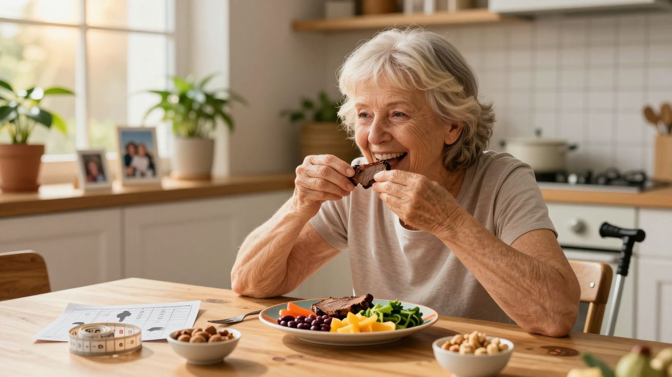 Senhora idosa sorridente a comer uma fatia de chocolate sentada à mesa com frutas e legumes.