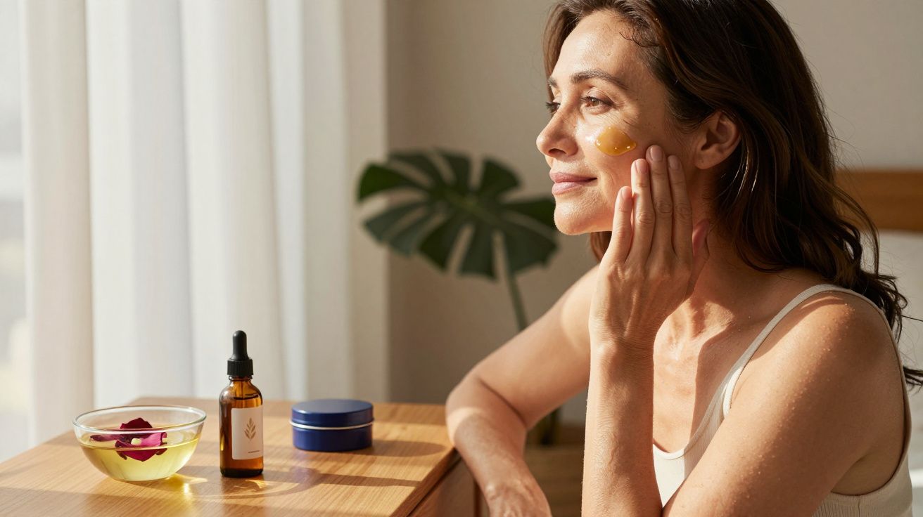 Mulher a aplicar creme facial num ambiente luminado com frascos de cosméticos numa mesa de madeira.