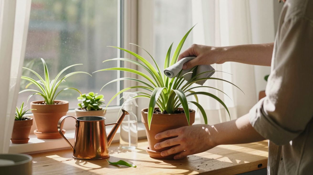 Pessoa a limpar as folhas de uma planta em vaso num parapeito com várias plantas e regador.