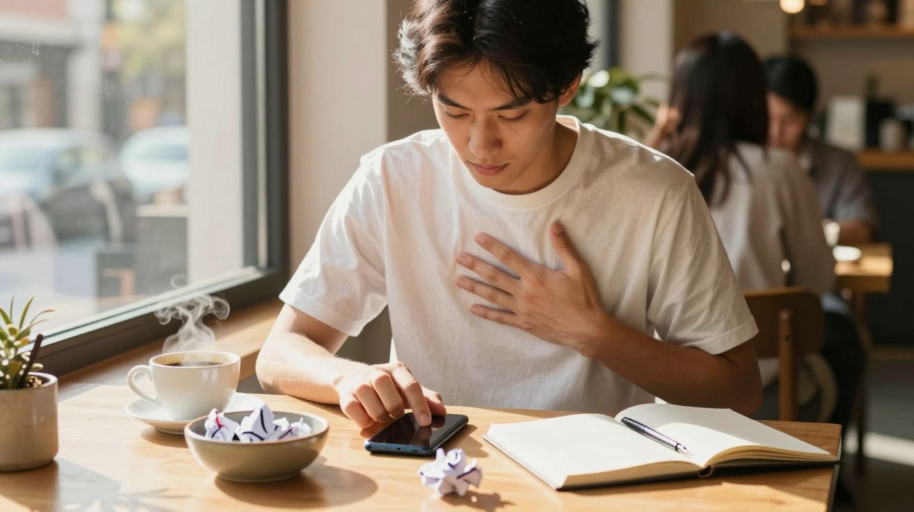 Jovem sentado numa cafetaria com mão no peito, olhando para telemóvel, com caderno aberto e chá à sua frente.