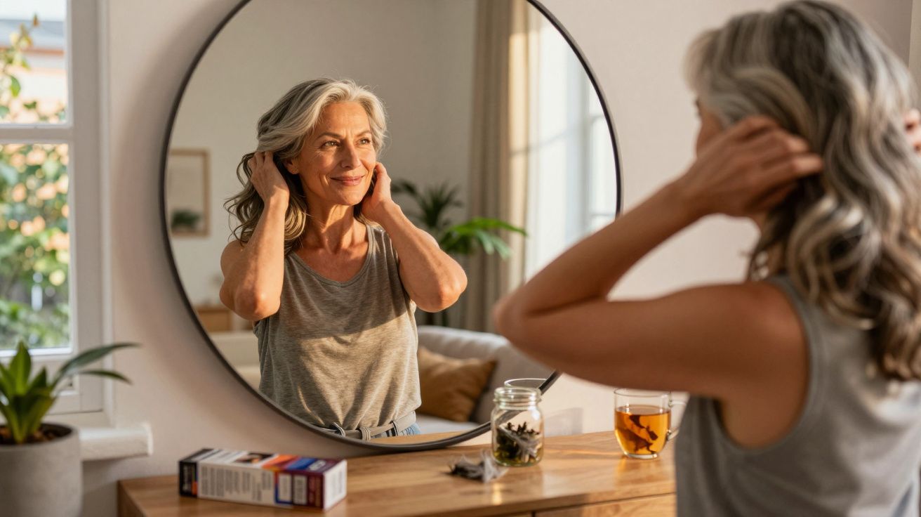 Mulher madura a sorrir e ajeitar o cabelo em frente a um espelho redondo numa divisão iluminada.