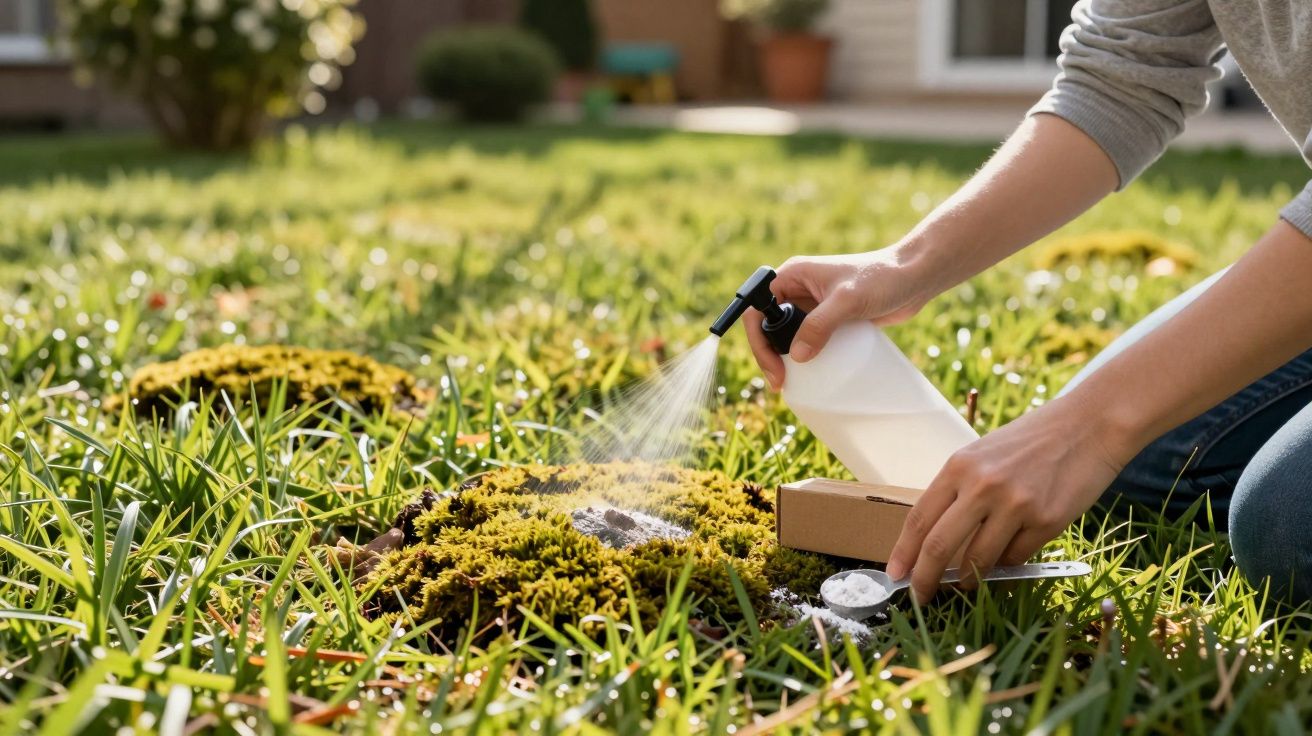 Pessoa a pulverizar um líquido branco numa colónia de formigas no relvado de um jardim.