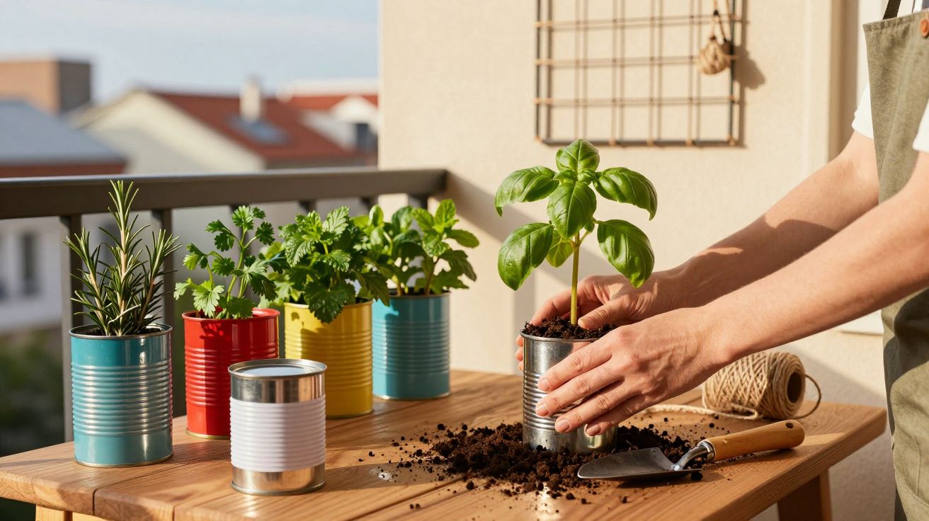 Pessoa a transplantar manjericão em lata reciclada numa varanda com outras plantas aromáticas.