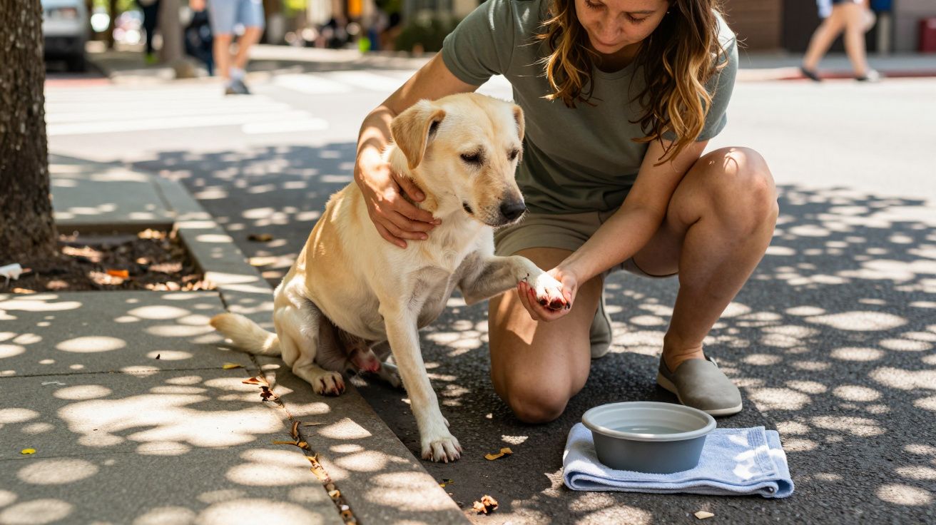 Mulher agachada no passeio a dar a pata a um cão labrador perto de um prato com água.