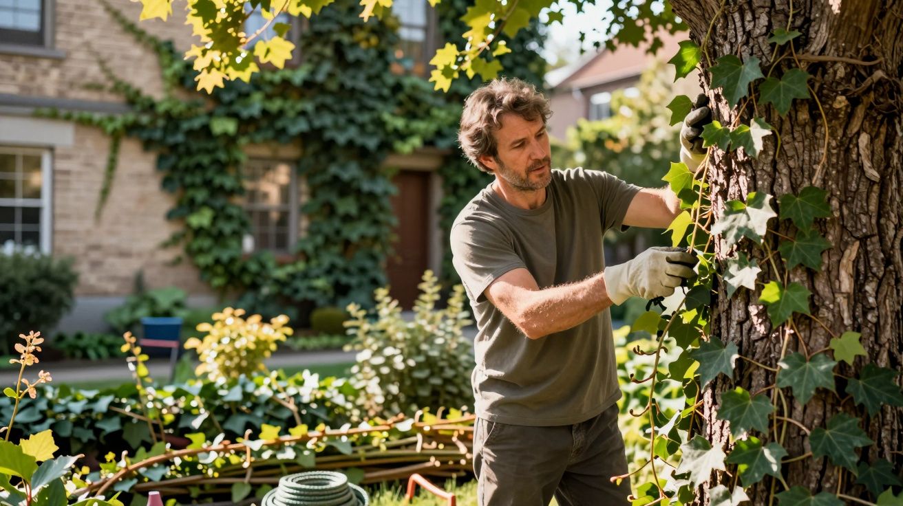 Homem a podar trepadeiras de hera num tronco de árvore no jardim de uma casa.