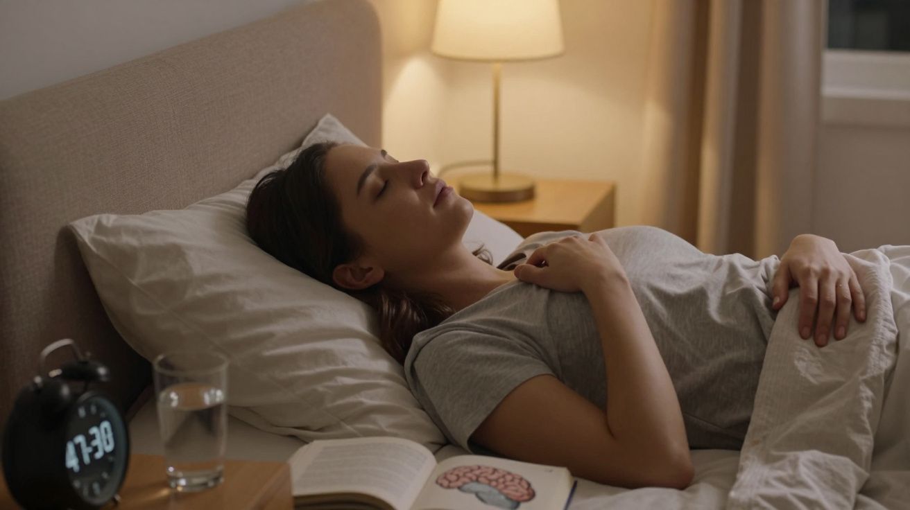 Mulher deitada na cama com olhos fechados, livro aberto, relógio e copo de água na mesa de cabeceira.