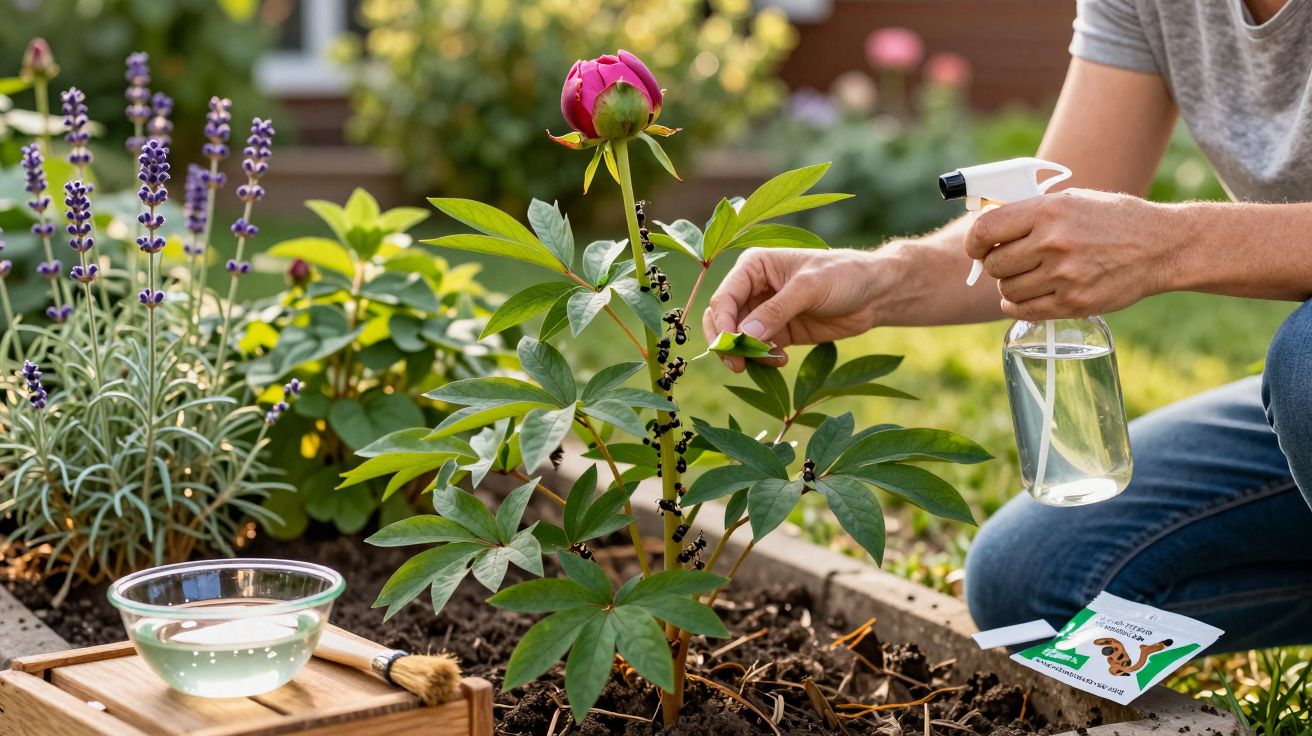 Pessoa a borrifar planta e a remover pequenos insectos pretos num jardim com flores diversas.