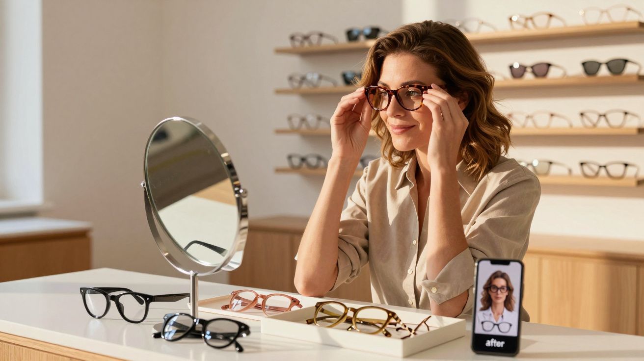 Mulher a experimentar óculos numa ótica, com vários modelos à sua frente e espelho de mesa.