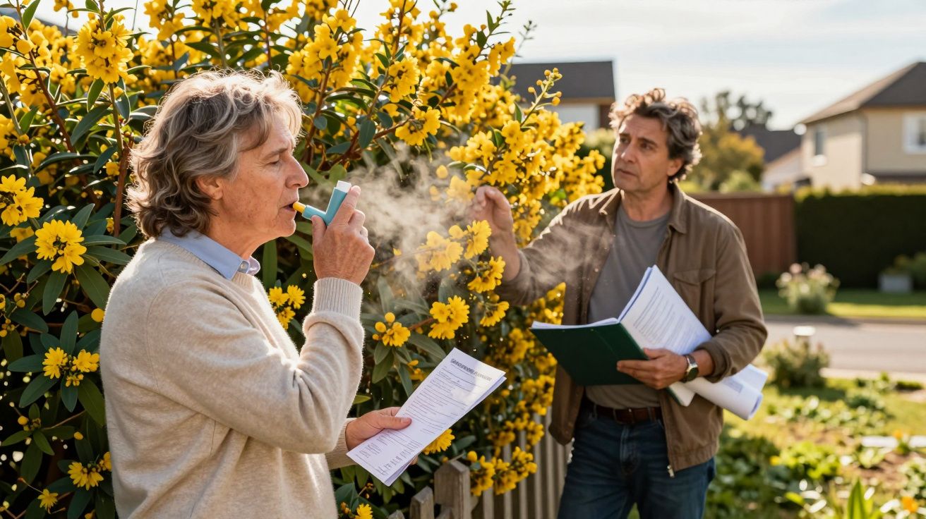 Homem usa inalador para asma enquanto outra pessoa observa com papéis na mão junto a flores amarelas.