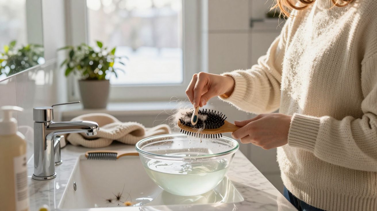 Pessoa a remover cabelo de uma escova sobre uma pia com uma tijela de vidro cheia de água.