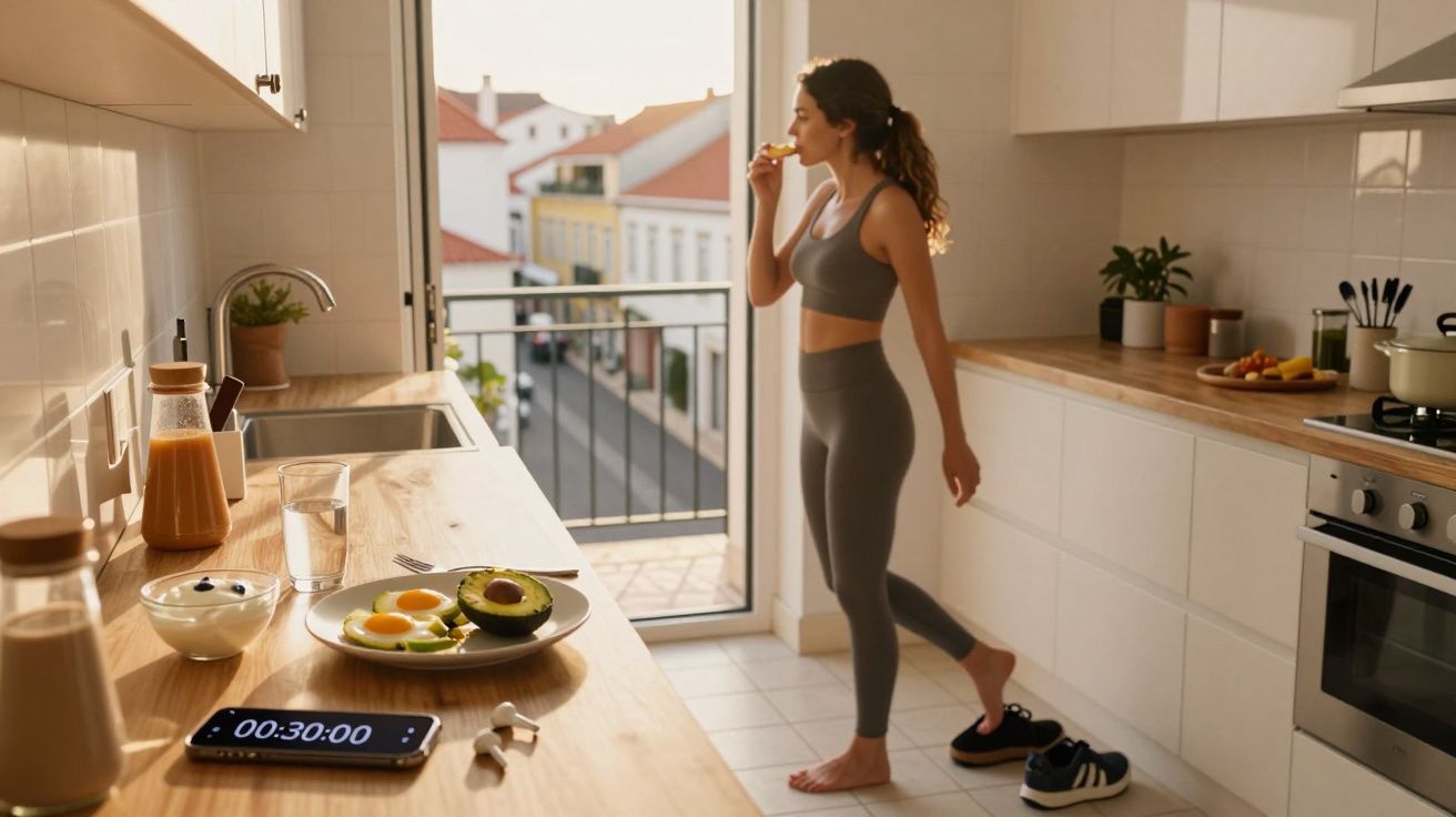 Mulher em roupa de treino a comer fruta numa cozinha moderna com pequeno-almoço saudável na bancada.