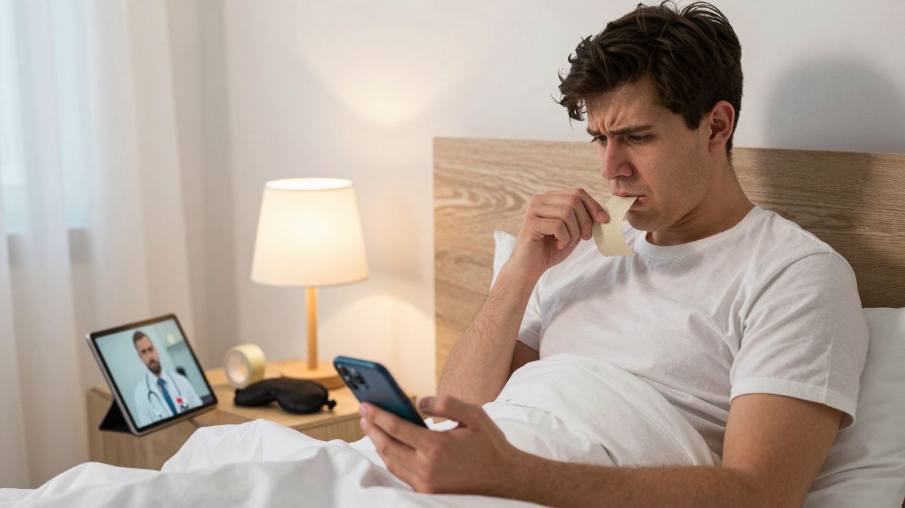 Homem na cama, a fazer teleconsulta médica pelo telemóvel enquanto examina um termómetro.