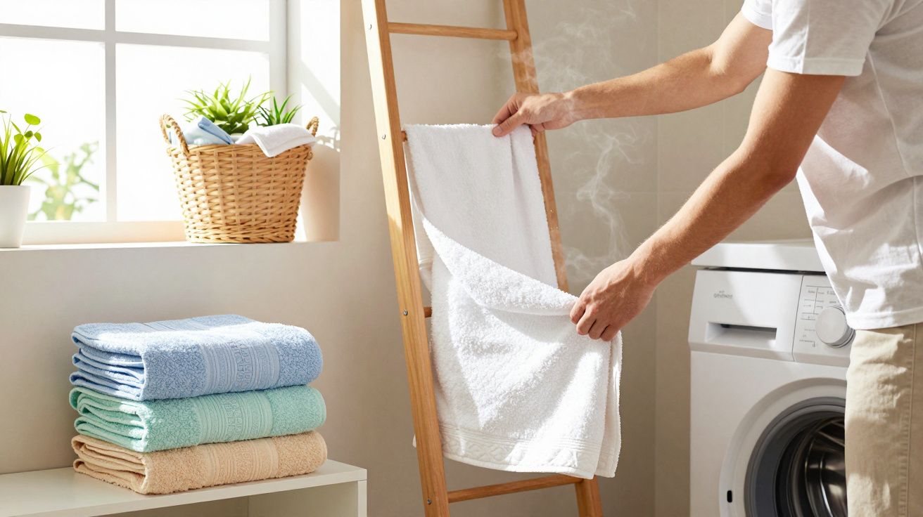Pessoa pendura toalha branca seca numa varinha de madeira, perto de máquina de lavar roupa e toalhas dobradas.