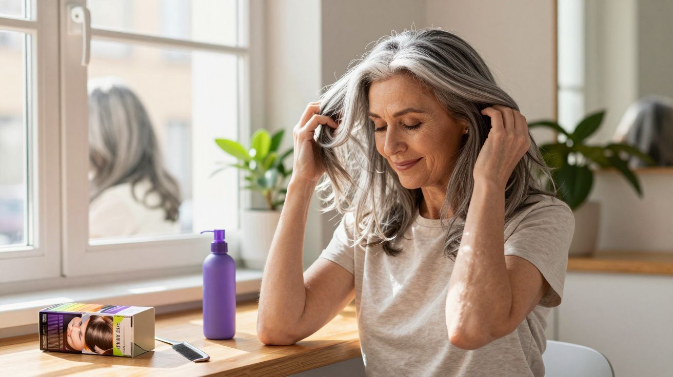 Mulher idosa com cabelo grisalho sentada junto a janela, a cuidar do cabelo, com produtos de coloração ao lado.