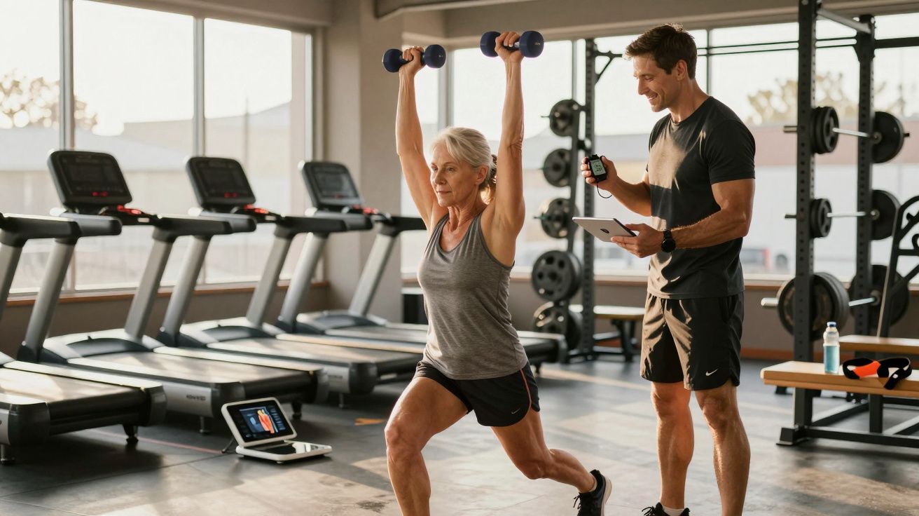 Mulher mais velha a fazer exercício com pesos orientada por treinador numa academia moderna.