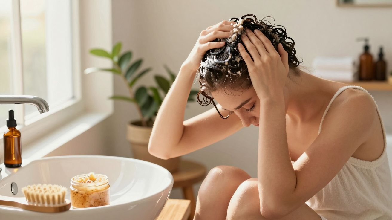 Mulher lavando o cabelo com espuma sentada perto de lavatório num ambiente iluminado e relaxante.
