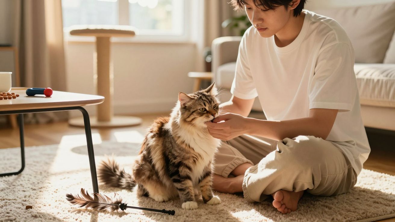 Pessoa sentada no chão a dar atenção a um gato felpudo numa sala iluminada pela luz natural.