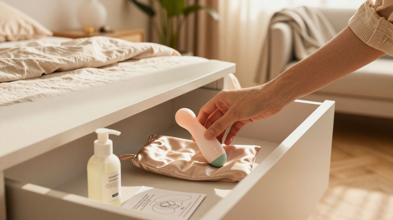 Mão a pegar vibrador rosa num gaveta junto a frasco de creme, bolsa de cetim e instruções, quarto iluminado.