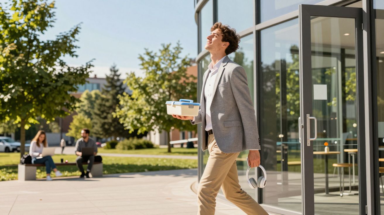 Homem jovem de blazer cinzento a sair de prédio, segurando caixa de almoço e auscultadores ao ar livre.