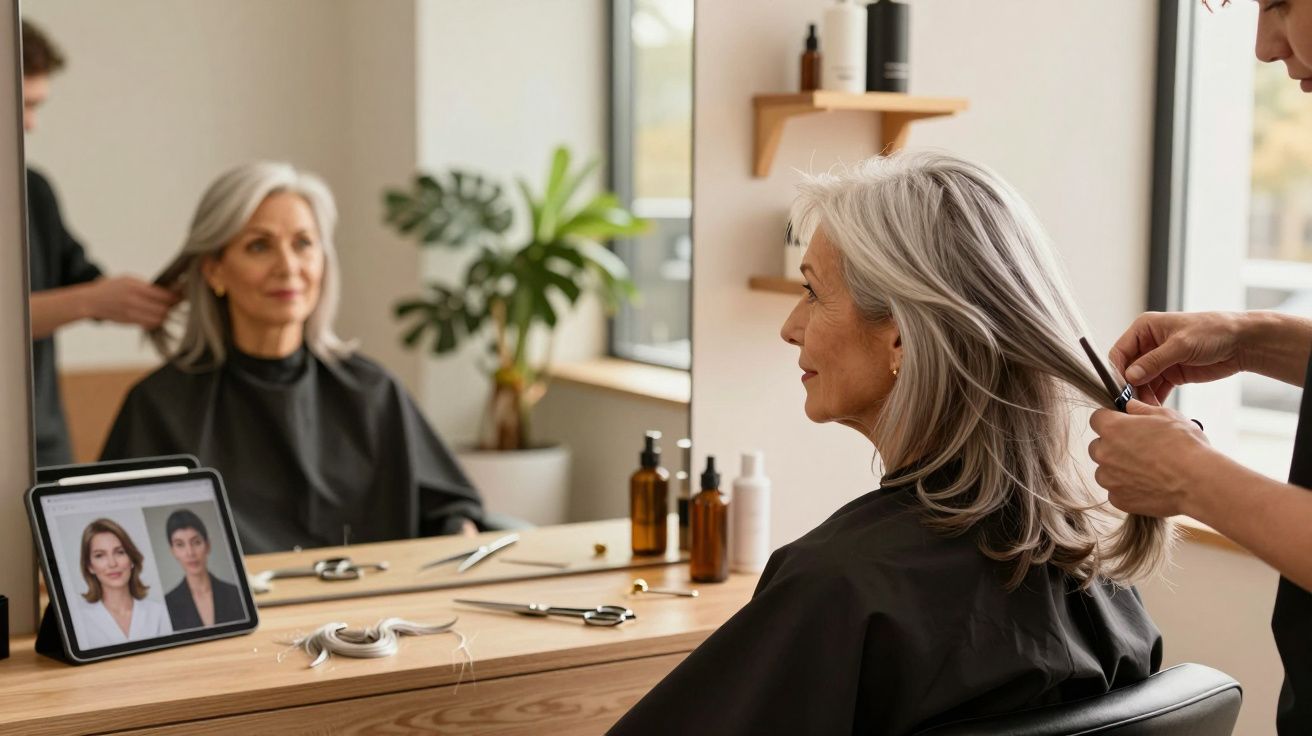 Mulher idosa sentada num salão de cabeleireiro a ser atendida, olhando para o espelho.