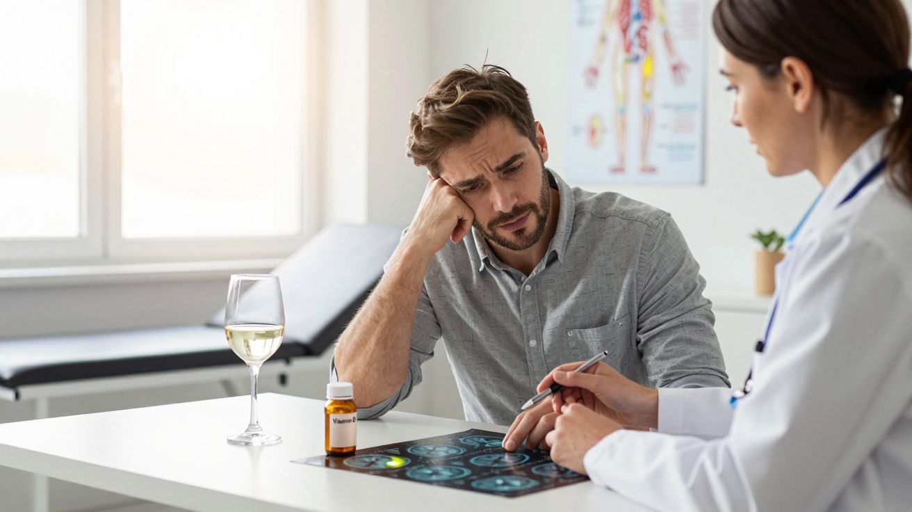 Homem preocupado consulta médica, analisa exames com médica numa clínica, com frasco de medicação e copo de vinho na mesa.