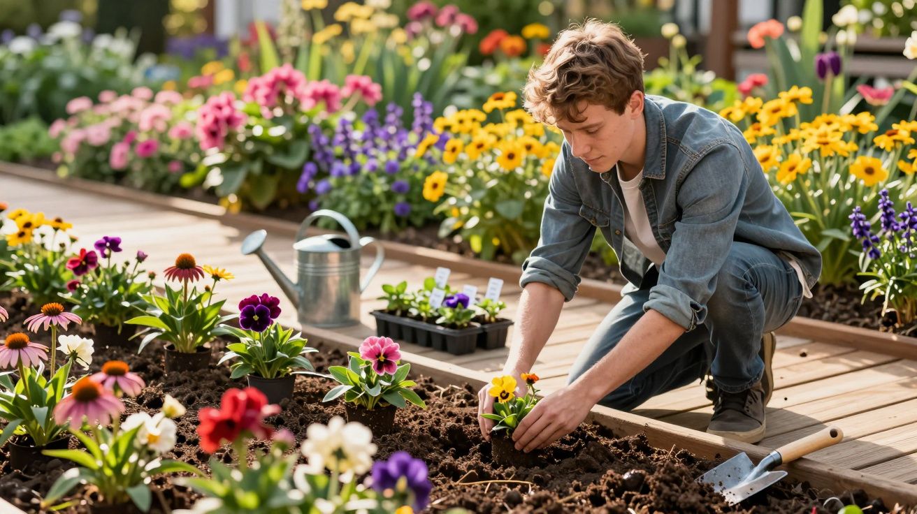 Homem a plantar flores em canteiro de jardim cheio de flores coloridas durante o dia.