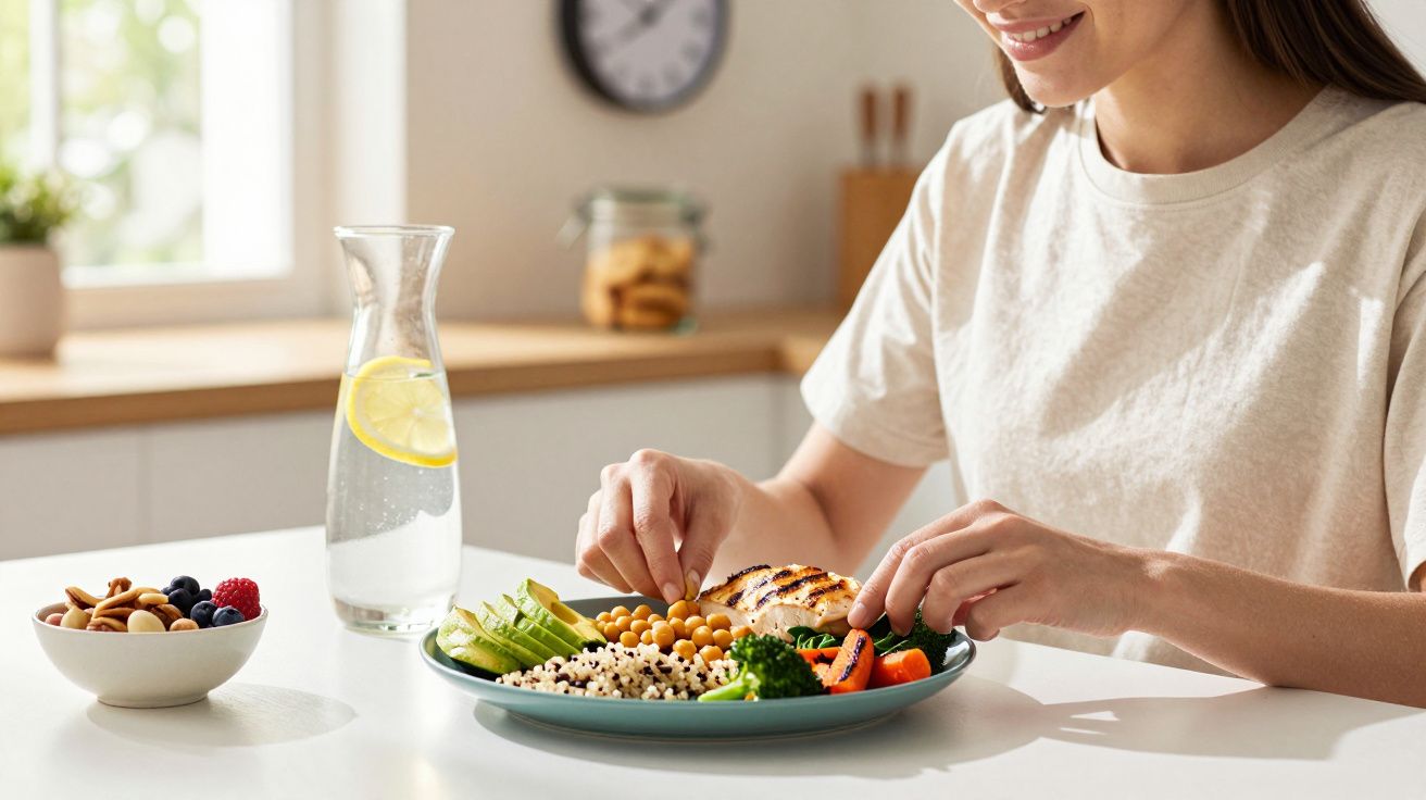 Pessoa a preparar uma refeição saudável com legumes, quinoa e uma jarra de água com limão na cozinha.