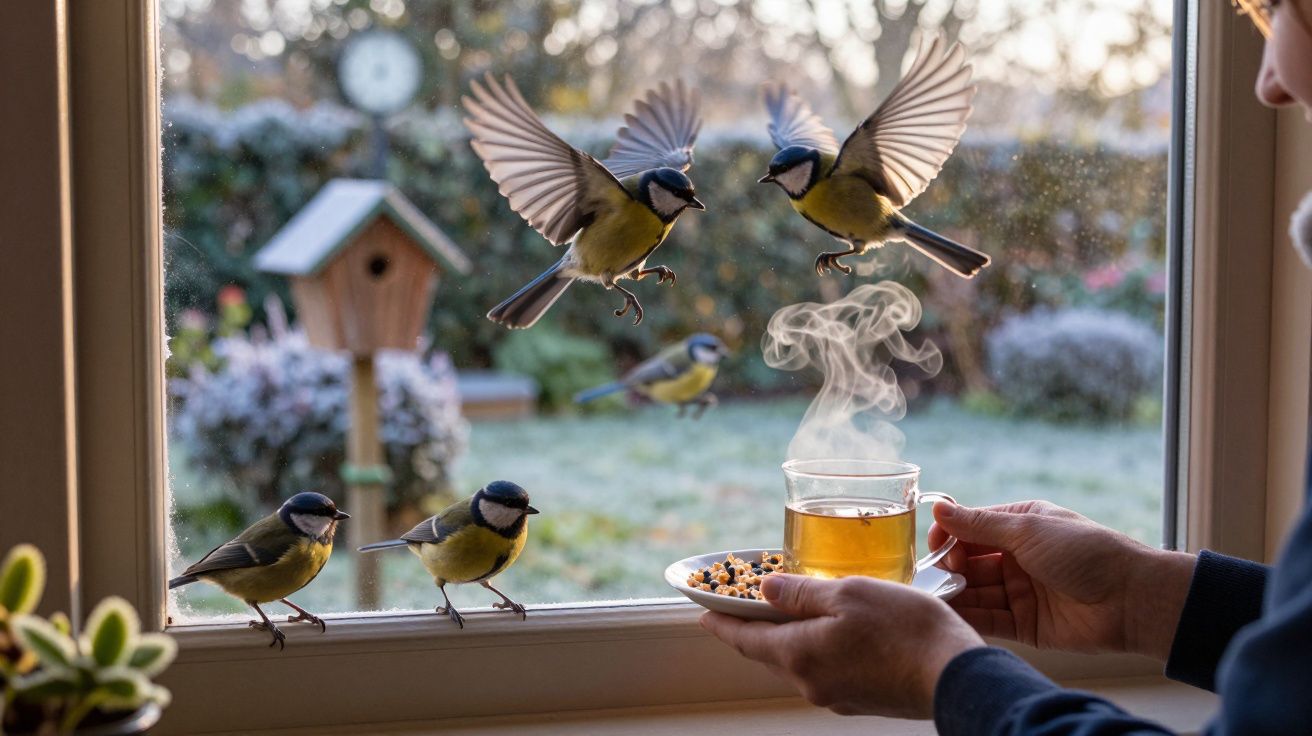 Pássaros a voar e pousar numa janela enquanto uma pessoa segura chá quente e um prato com sementes.