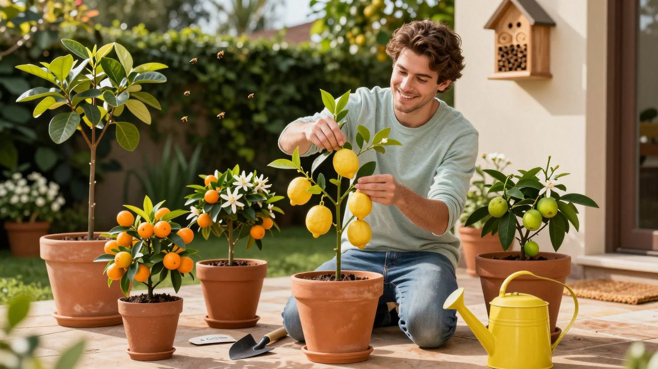 Homem a cuidar de árvores cítricas em vasos num jardim ensolarado, com regador amarelo ao lado.