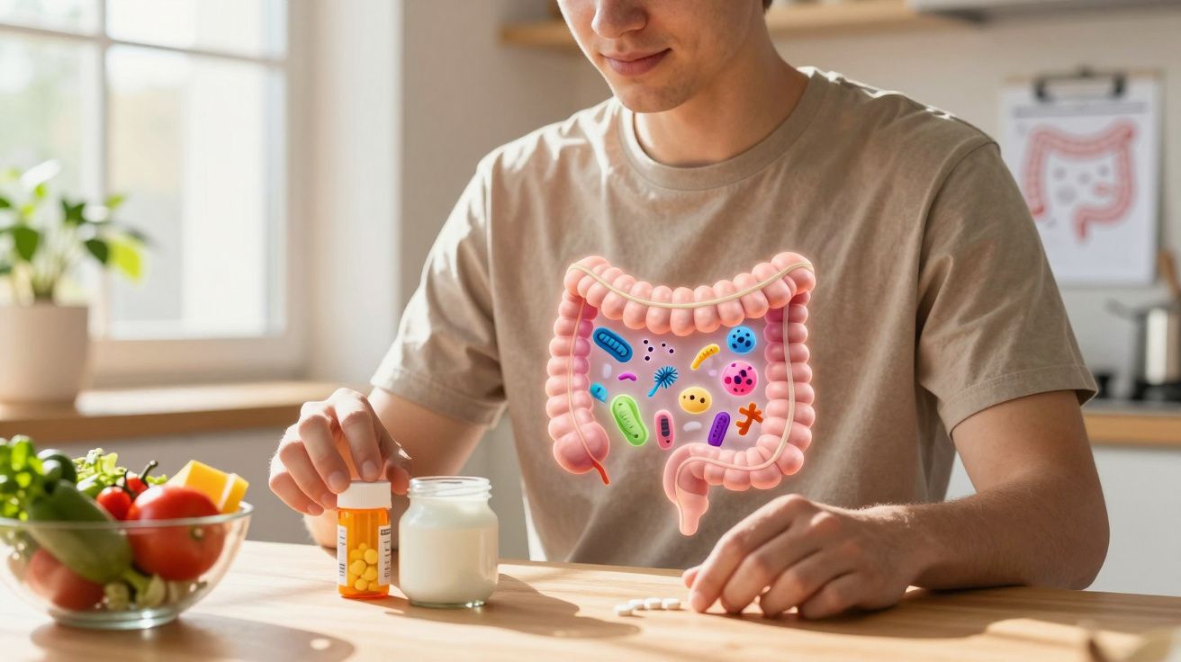 Homem com ilustração do intestino e bactérias, tomando suplementos e iogurte saudável na cozinha.
