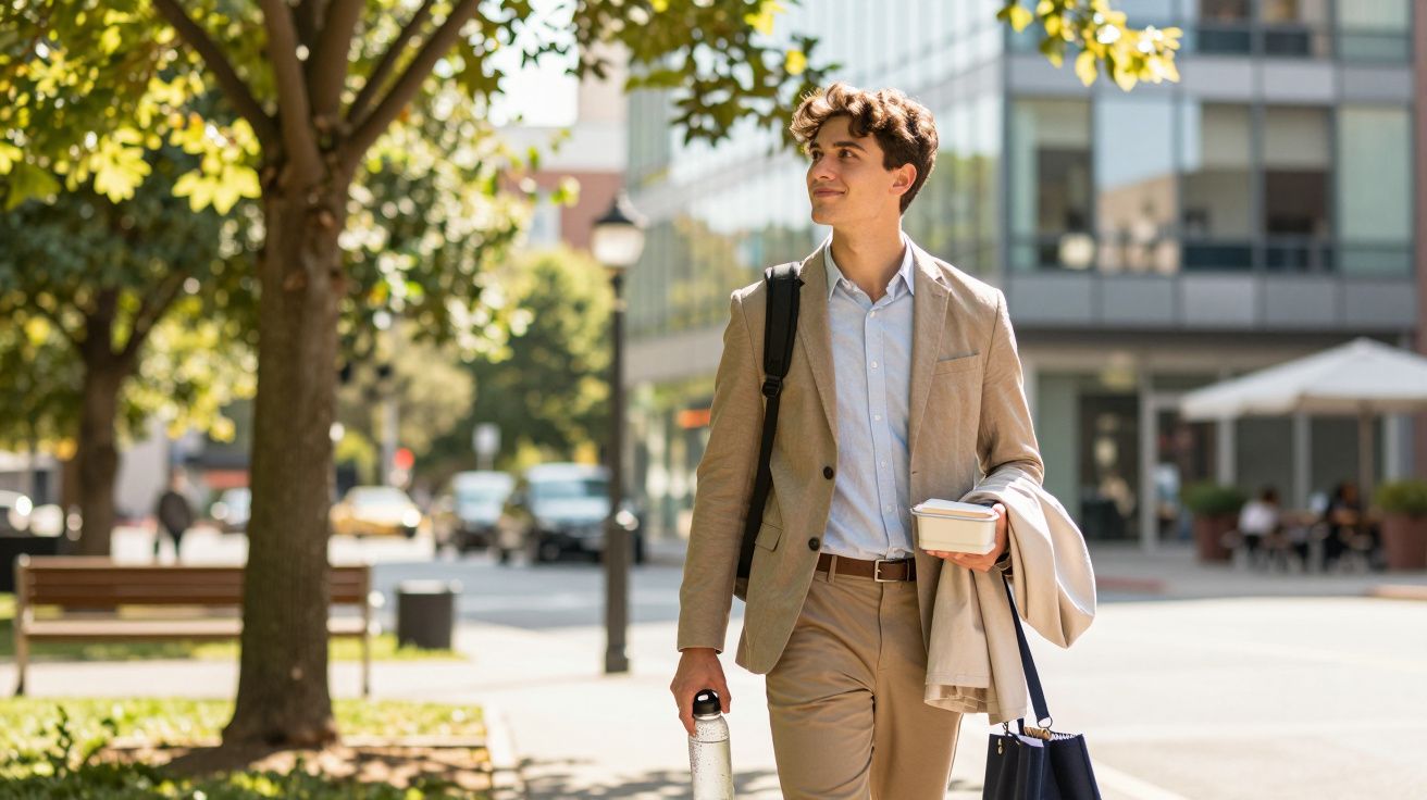 Homem jovem vestido de fato bege caminha na rua com lancheira, garrafa de água e mala azul sob luz solar.