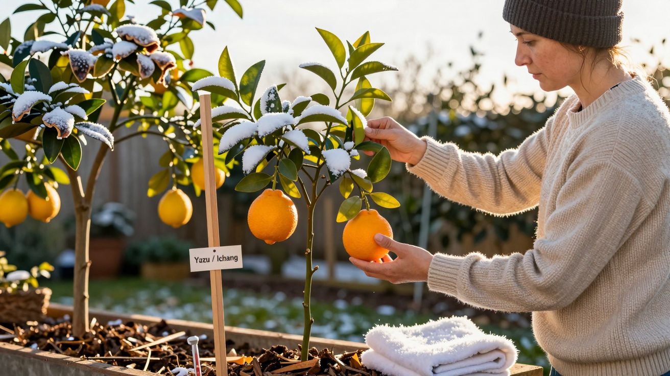 Mulher a apanhar laranjas de árvore com folhas cobertas de neve num jardim ensolarado.