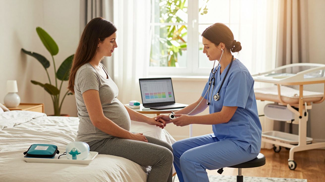 Enfermeira a medir sinais vitais a mulher grávida sentada à beira da cama num quarto iluminado.
